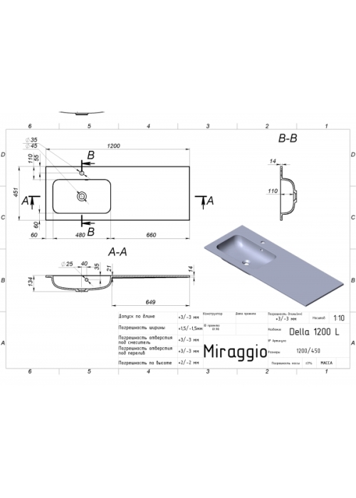 Умивальник Miraggio Della 1200 L Глянець