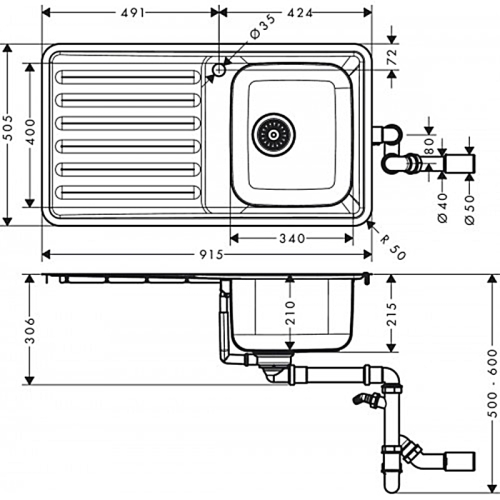 Кухонна мийка Hansgrohe S4111-F340 на стільницю 915х505 із сифоном 43340800