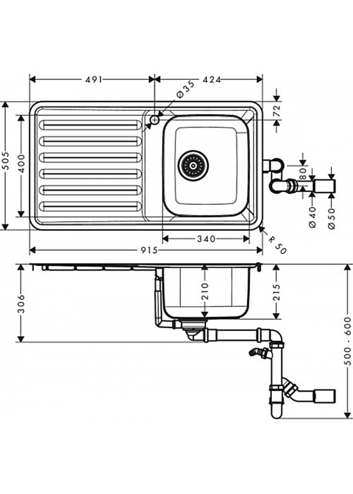 Кухонна мийка Hansgrohe S4111-F340 на стільницю 915х505 із сифоном 43340800