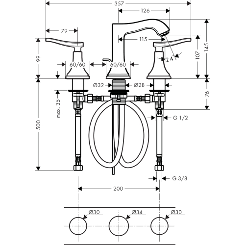 Змішувач для раковини на 3 отвори Hansgrohe Metropol Classic 31330000