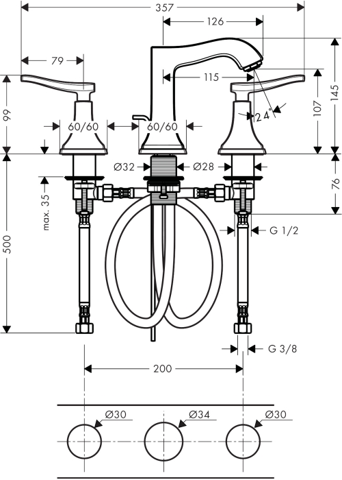 Змішувач для раковини на 3 отвори Hansgrohe Metropol Classic 31330000