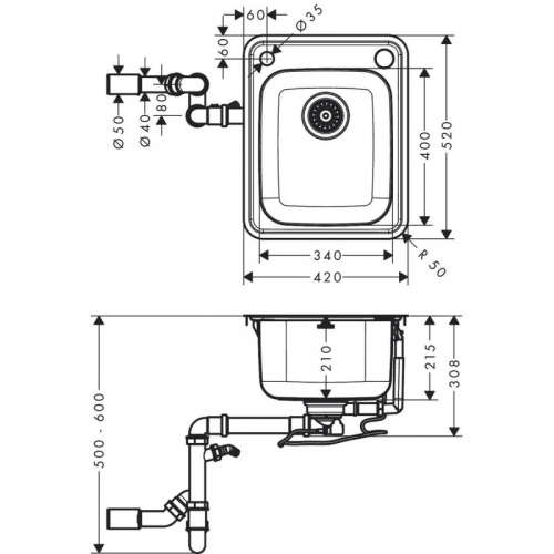 Кухонная мойка Hansgrohe S412-F340 на столешницу 420х520 с сифоном automatic 43334800