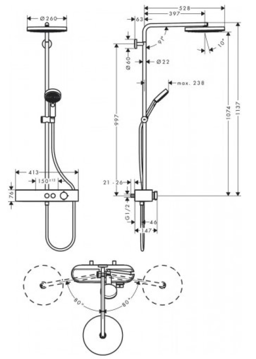 Душова система Hansgrohe Pulsify Showerpipe 260 1jet з термостатом 24220000 хром