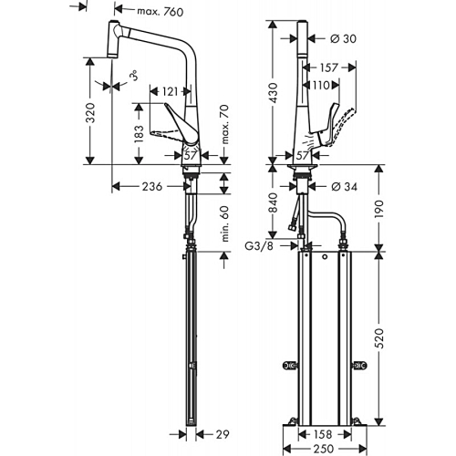 Змішувач для кухні Hansgrohe Metris Select M71 з висувним зливом Sbox 73801000