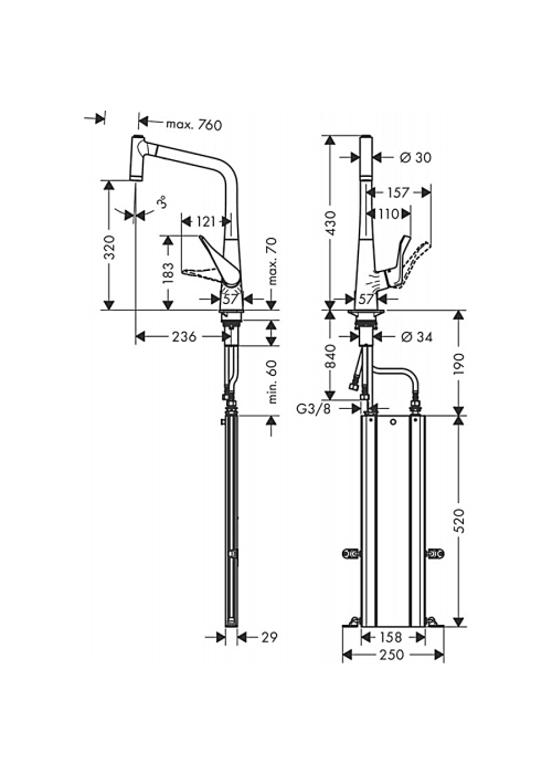 Смеситель для кухни Hansgrohe Metris Select M71 с выдвижным изливом Sbox 73801000