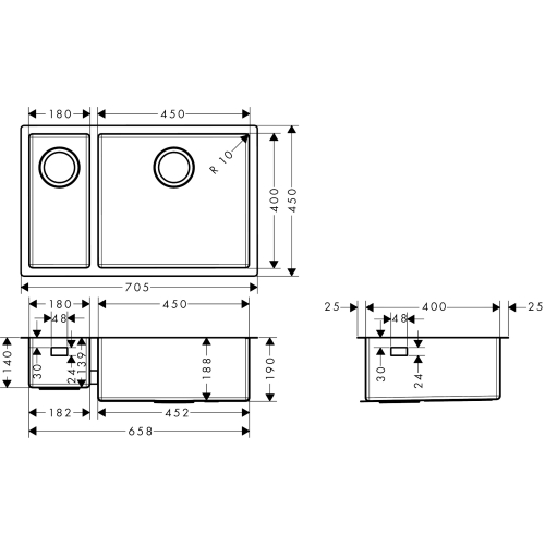 Кухонна мийка під стільницю Hansgrohe S719-U655 дві чаші 180/450 Stainless Steel 43429800