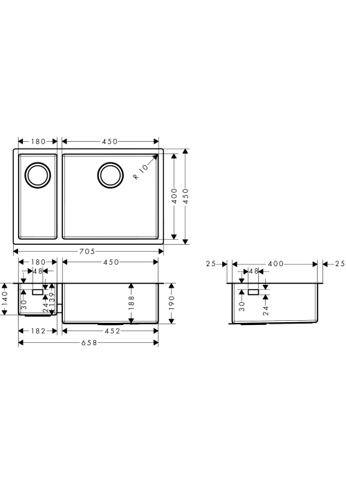 Кухонна мийка під стільницю Hansgrohe S719-U655 дві чаші 180/450 Stainless Steel 43429800