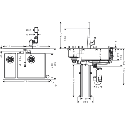 Кухонний комплект мийка із змішувачем Hansgrohe C71-F655-04 43210800