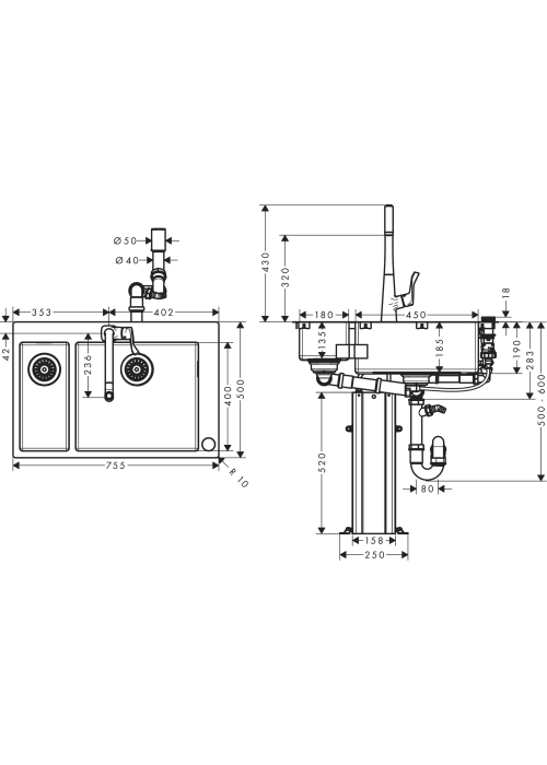 Кухонний комплект мийка із змішувачем Hansgrohe C71-F655-04 43210800