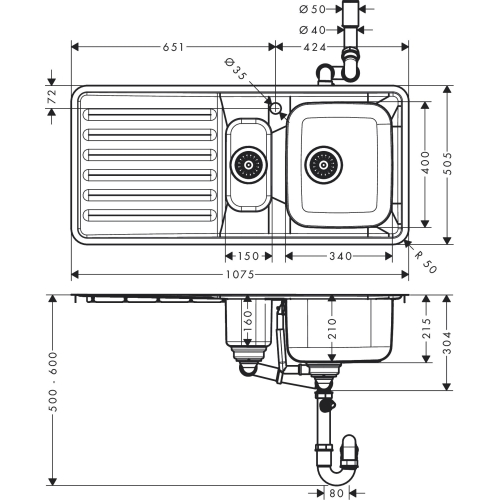 Кухонна мийка Hansgrohe S4111-F540 на стільницю 1075х505 із сифоном 43342800