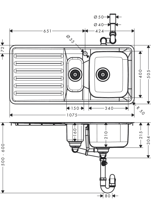 Кухонна мийка Hansgrohe S4111-F540 на стільницю 1075х505 із сифоном 43342800