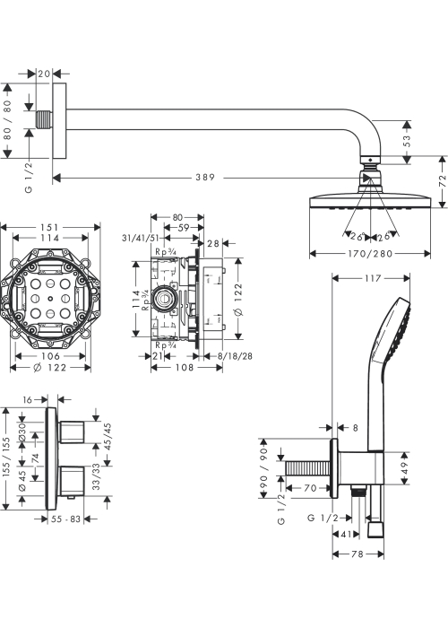 Душовий комплект Hansgrohe Croma E 280 1jet Ecostat E 7в1 27953000 хром