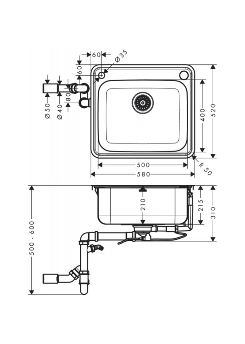 Кухонная мойка Hansgrohe S412-F500 на столешницу 580х520 с сифоном automatic 43336800