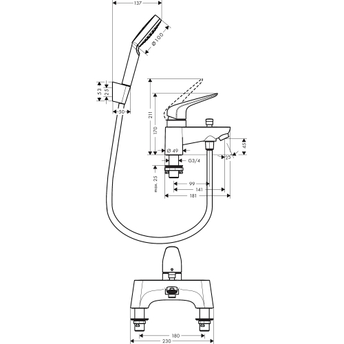 Змішувач на борт ванни Hansgrohe Novus + комплект душової лійки Croma Select 71044000