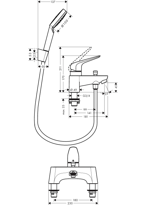 Змішувач на борт ванни Hansgrohe Novus + комплект душової лійки Croma Select 71044000