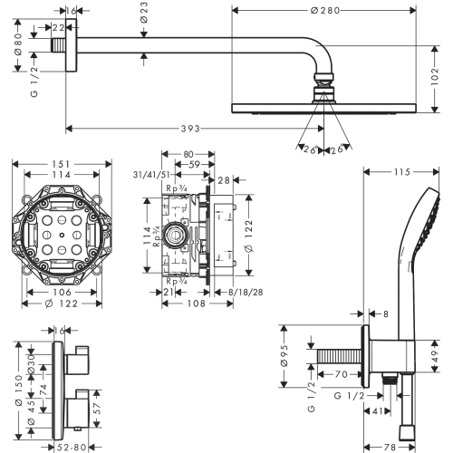 Душовий комплект Hansgrohe Croma 280 1jet Ecostat S 7в1 27954000 хром