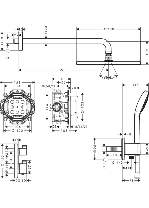 Душовий комплект Hansgrohe Croma 280 1jet Ecostat S 7в1 27954000 хром