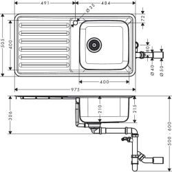 Кухонна мийка Hansgrohe S4111-F400 на стільницю 975х505 із сифоном 43341800