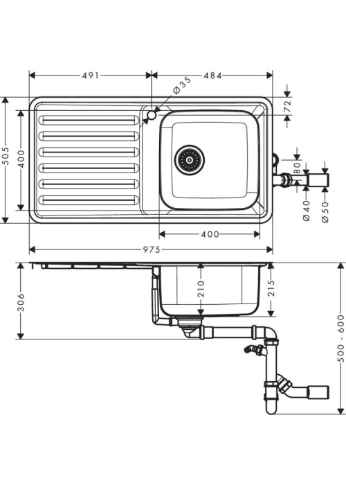 Кухонная мойка Hansgrohe S4111-F400 на столешницу 975х505 с сифоном 43341800