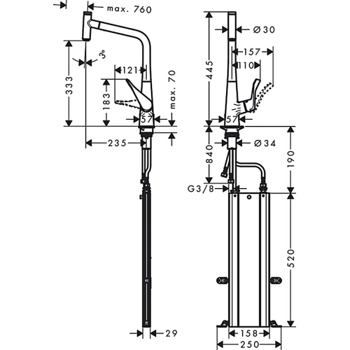 Змішувач для кухні Hansgrohe Metris Select M71 з висувним зливом Sbox 73803000