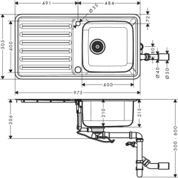 Кухонна мийка Hansgrohe S4113-F400 на стільницю 975х505 із сифоном automatic 43338800