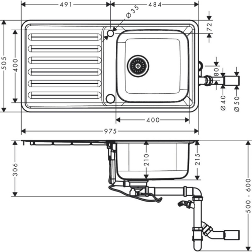 Кухонная мойка Hansgrohe S4113-F400 на столешницу 975х505 с сифоном automatic 43338800