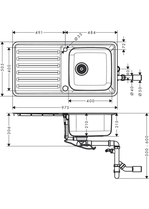 Кухонная мойка Hansgrohe S4113-F400 на столешницу 975х505 с сифоном automatic 43338800