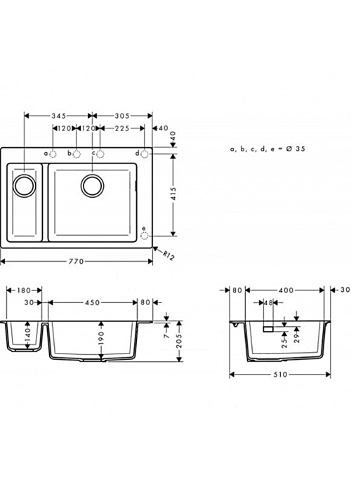 Кухонная мойка Hansgrohe S510-F635 770х510 на две чаши 180/450 Graphiteblack 43315170