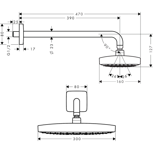 Верхній душ Hansgrohe Raindance Select E 300 2jet Air EcoSmart 9 л/хв з утримувачем 26609000