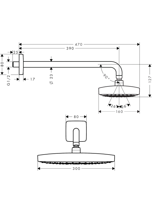 Верхній душ Hansgrohe Raindance Select E 300 2jet Air EcoSmart 9 л/хв з утримувачем 26609000