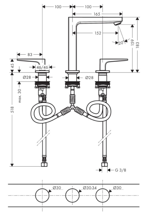 Змішувач для раковини на 3 отвори Hansgrohe Metropol Matt Black 32515670