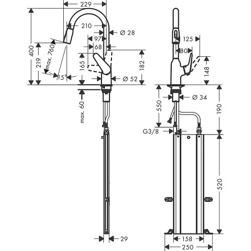 Змішувач для кухні Hansgrohe Focus M42 з висувним зливом Sbox Chrome 71820000