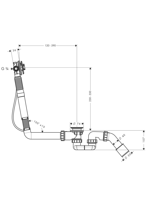 Сифон Hansgrohe Exafill S Basic для нестандартных ванн с наполнением 58116180