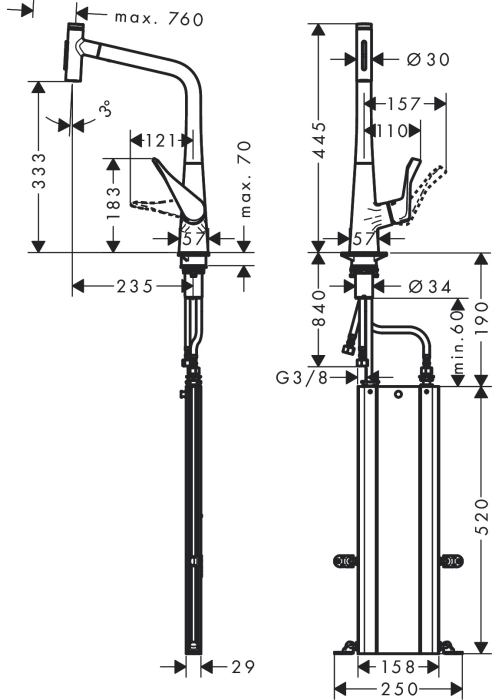 Змішувач для кухні Hansgrohe Metris Select 320 2jet з висувним зливом Sbox 73816000