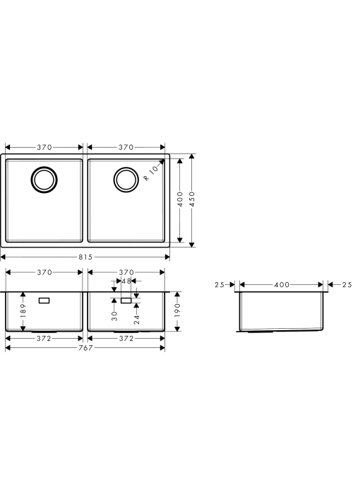 Кухонная мойка под столешницу Hansgrohe S719-U755 две чаши 370/370 Stainless Steel 43430800