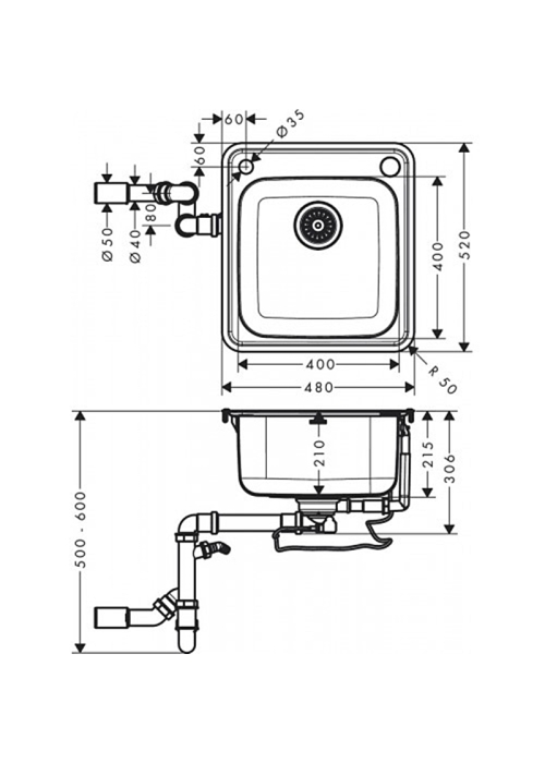 Кухонна мийка Hansgrohe S412-F400 на стільницю 480х520 із сифоном automatic 43335800