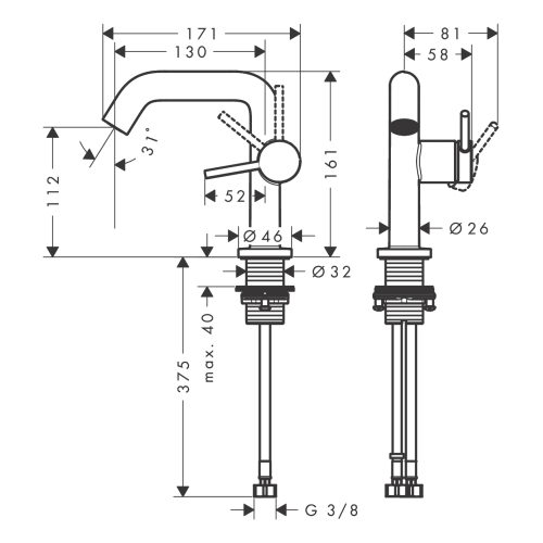 Змішувач Hansgrohe Tecturis S 110 Fine CoolStart для умивальника без донного клапана, Brushed Bronze (73321140)