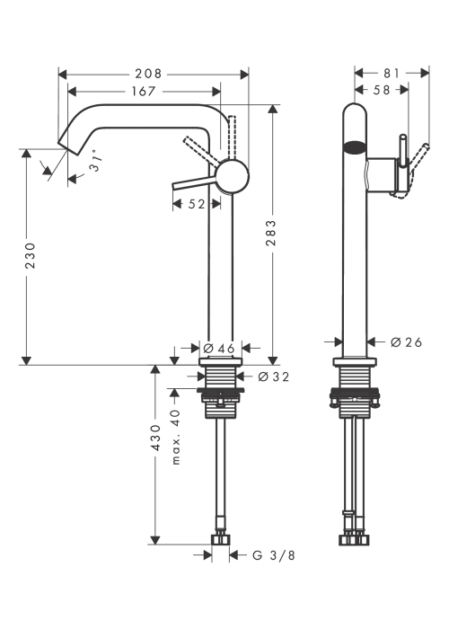 Смеситель Hansgrohe Tecturis S 240 Fine CoolStart для умывальника, Matt Black (73370670)