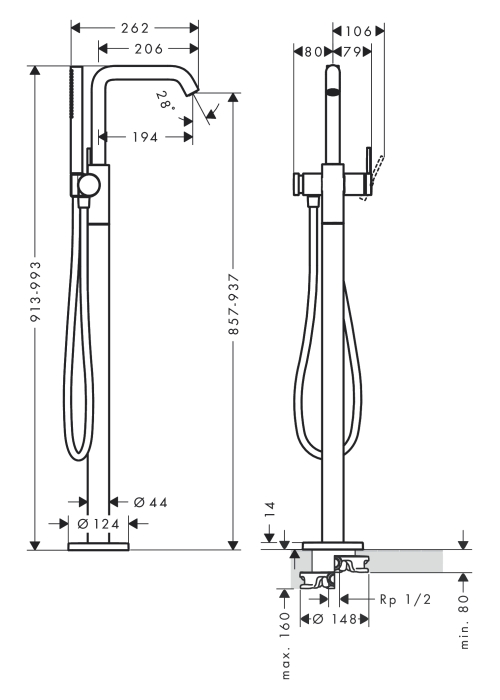 Смеситель Hansgrohe Tecturis S для напольной ванны, Matt Black (73440670)