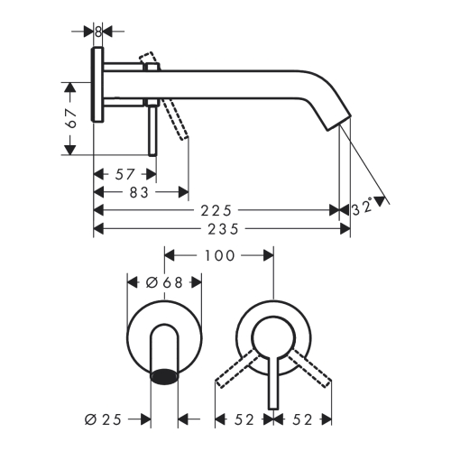 Змішувач Hansgrohe Tecturis S 225 для умивальника зі стіни, Chrome (73351000)