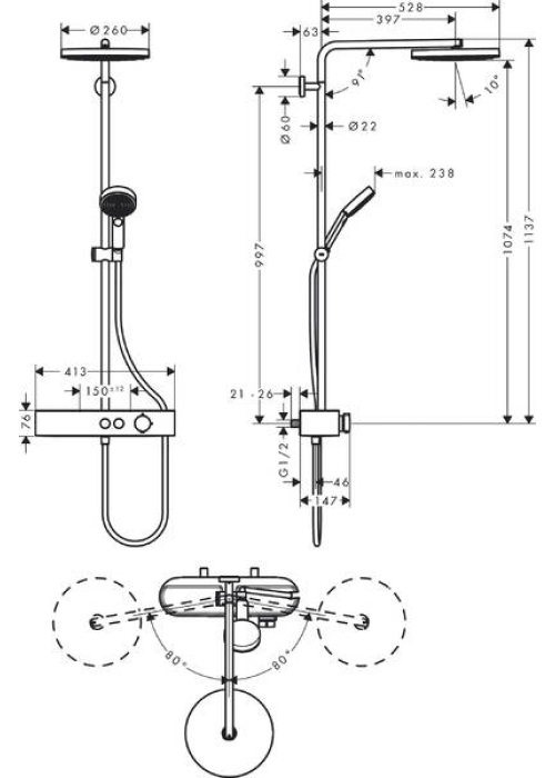 Душова система Hansgrohe Pulsify Showerpipe 260 1jet 400 EcoSmart, Chrome (24221000)