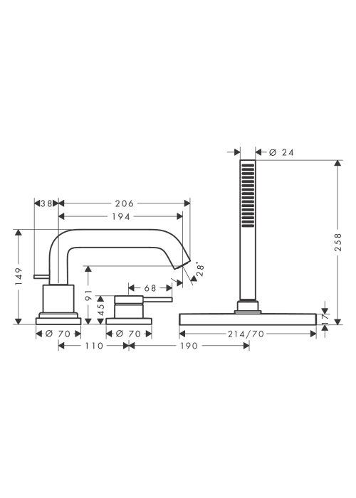 Смеситель Hansgrohe Tecturis S врезной на край ванны на 3 отверстия с sBox, Matt Black (73447670)