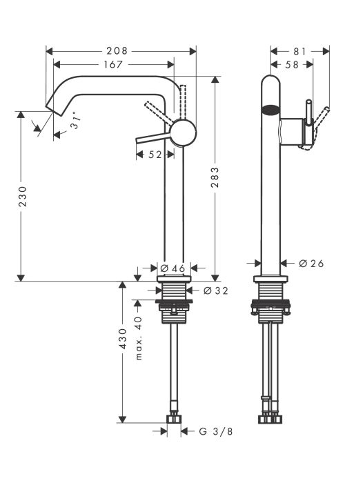 Смеситель Hansgrohe Tecturis S 240 Fine CoolStart для умывальника без донный клапан, Chrome (73372000)