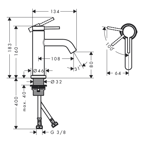 Змішувач Hansgrohe Tecturis S 80 CoolStart для умивальника без донного клапана, Chrome (73301000)