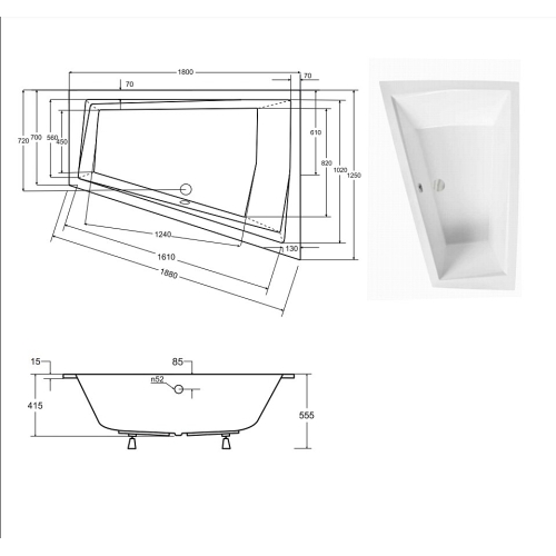 Ванна акрилова Besco INTIMA DUO SLIM 180х125 Ліва (соло), без ніг #WAID-180-SL