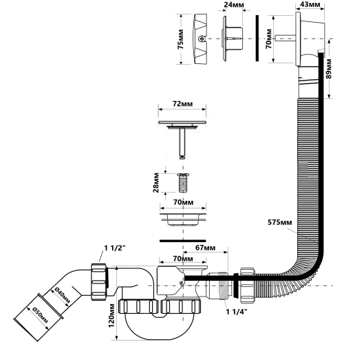 Сифон для ванни (автомат) 40/50 Сталь SZC HС31М-S2-SN