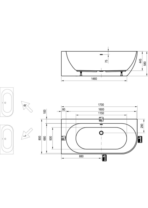  Ванна Ravak Freedom Corner R 170x80 см XC00100040