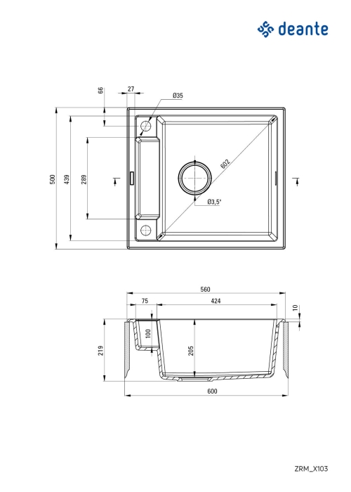 Мойка кухонная квадратная Deante Magnetic, гранит, без крыла, 560х500х219мм, накладная, металлический графит ZRM_G103