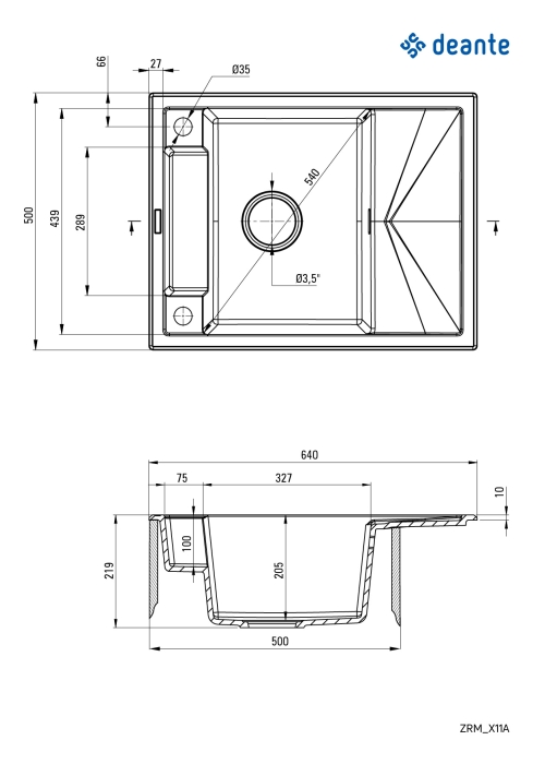 Мойка кухонная прямоугольная Deante Magnetic, гранит, с крылом, 640х500х219мм, чаша - 1, врезная, серый ZRM_S11A