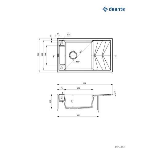 Мойка кухонная прямоугольная Deante Magnetic, гранит, с крылом, 820х500х219мм, чаша - 1, накладная, черный матовый ZRM_N113